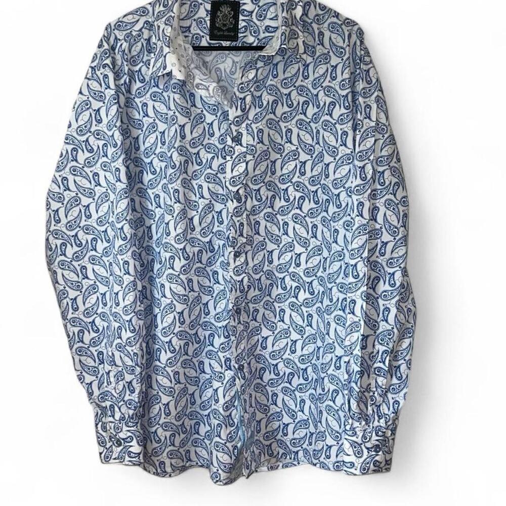 English Factory - Men’s Blue Paisley cotton shirt with white background - Size X
